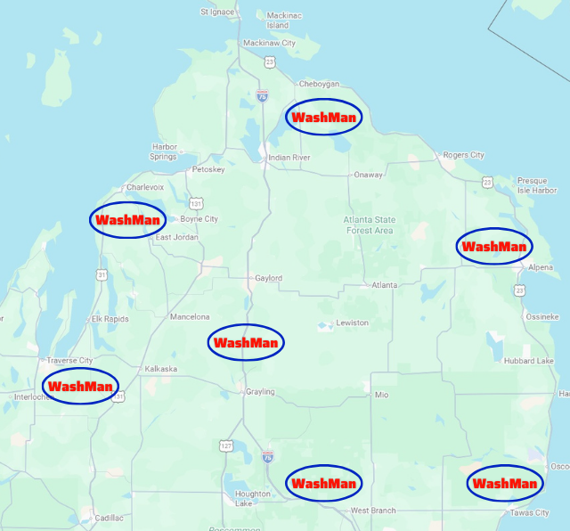 A map of northern Michigan with six red 