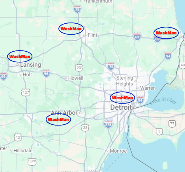 A map of Southeast Michigan with five WashMan locations marked in blue ovals across the region.