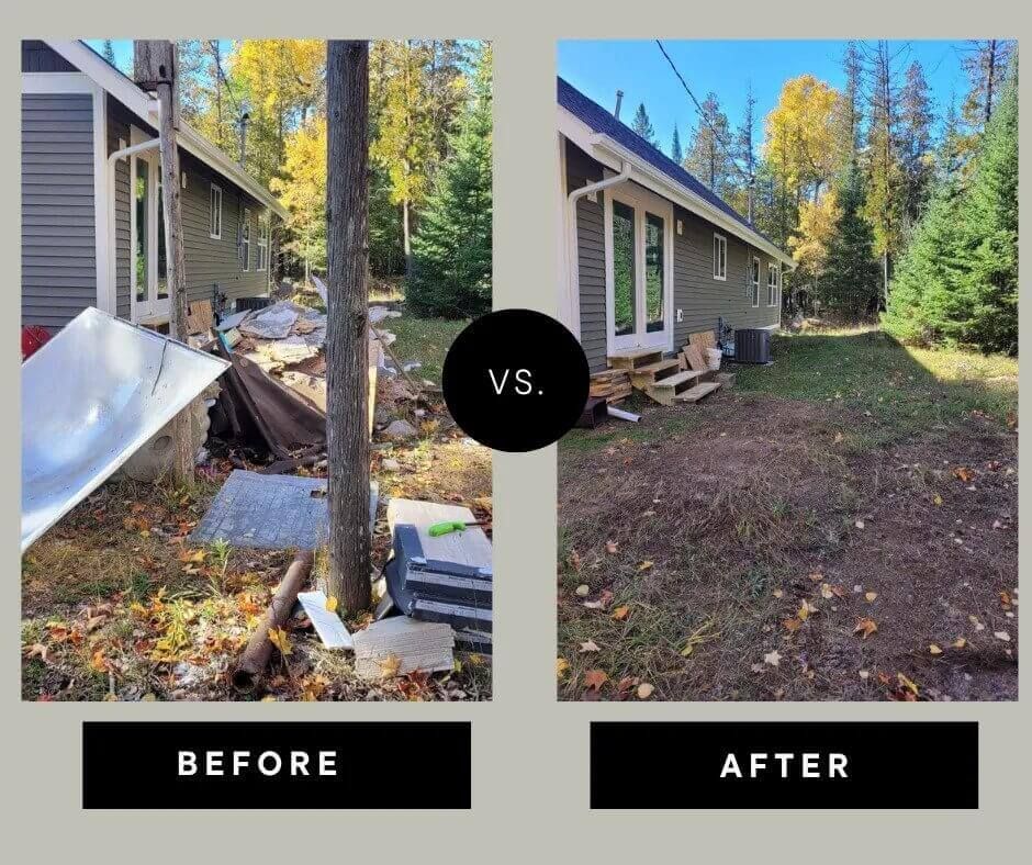 a before and after photo of a house in the woods