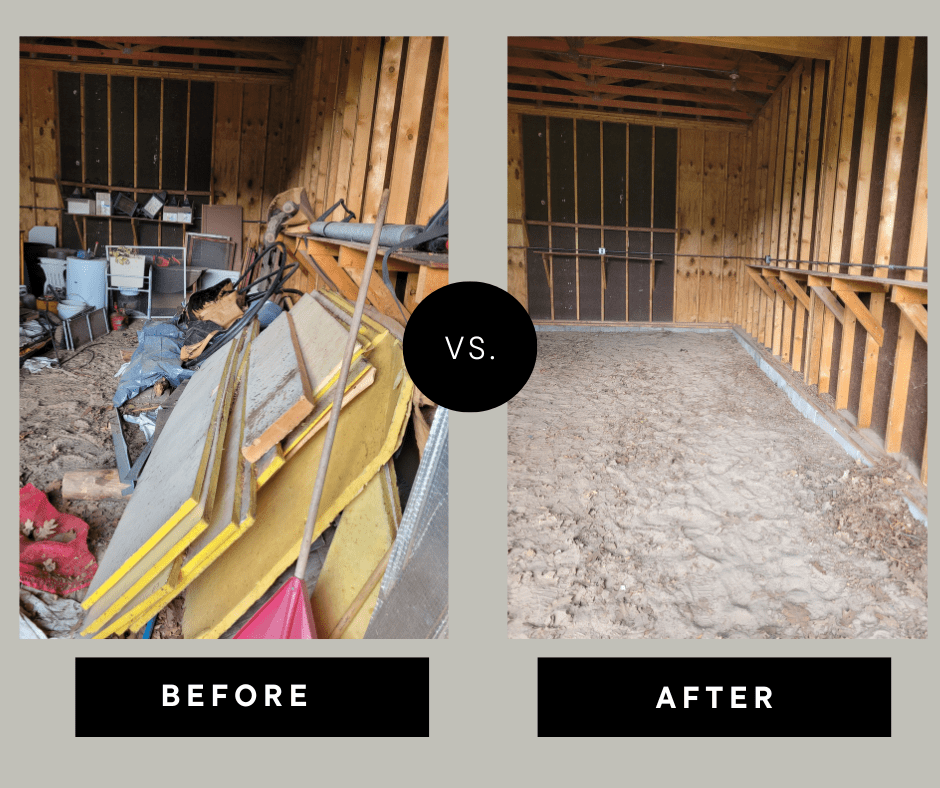 a before and after picture of a messy garage