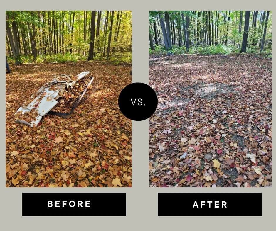 a before and after photo of a pile of leaves in the woods