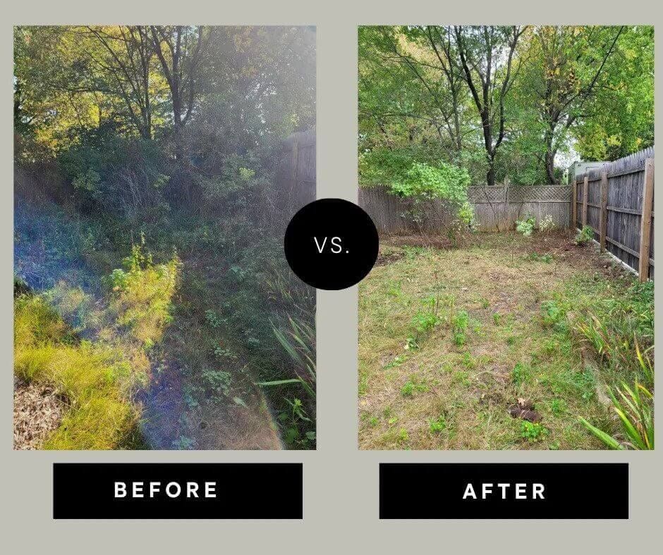 a before and after picture of a backyard