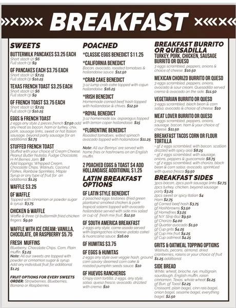 Breakfast menu with various meal options, including pancakes, Benedicts, and burritos.