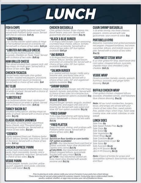 Lunch menu with food and prices listed, predominantly white and blue.