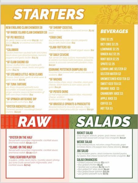 Menu with starters, raw dishes, salads, and beverages.