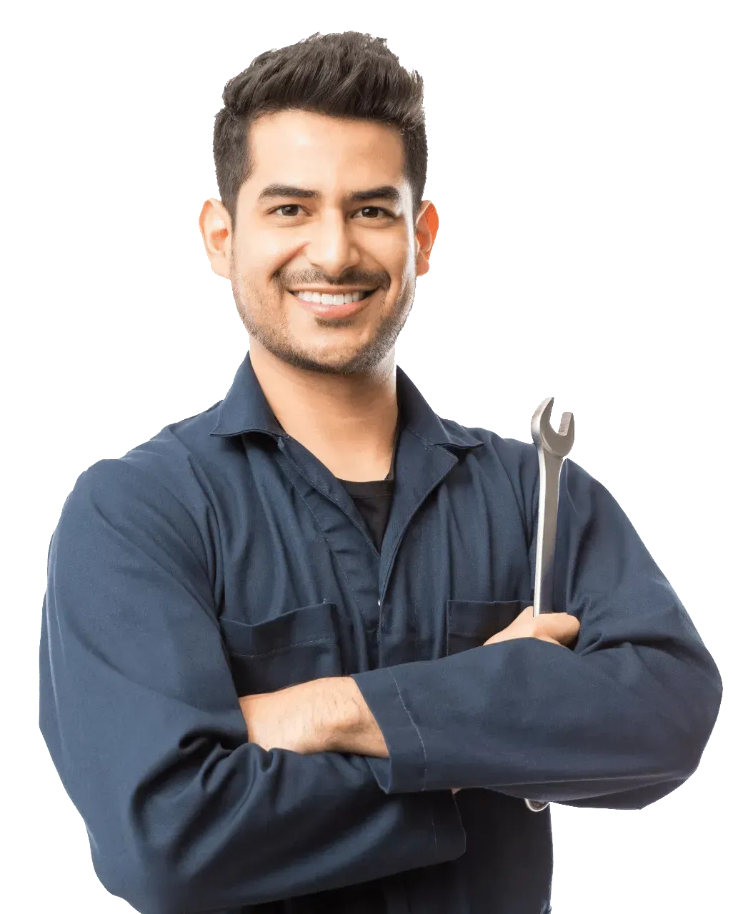 A Man in a Blue Jumpsuit is Holding a Wrench and Smiling — Whitsunday Diesel & Marine In Jubilee Pocket, QLD