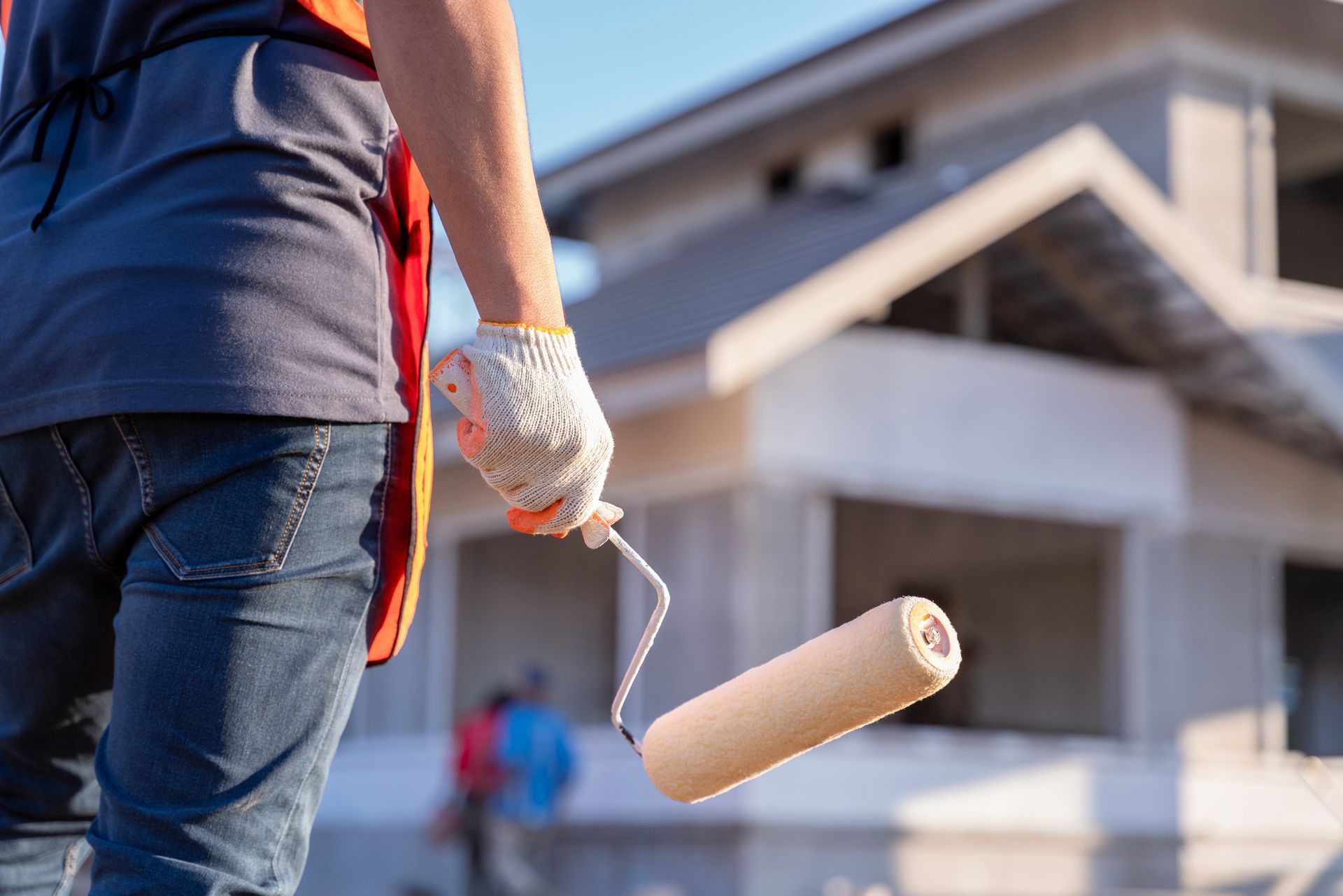 Person holding paint roller, painting a house exterior.
