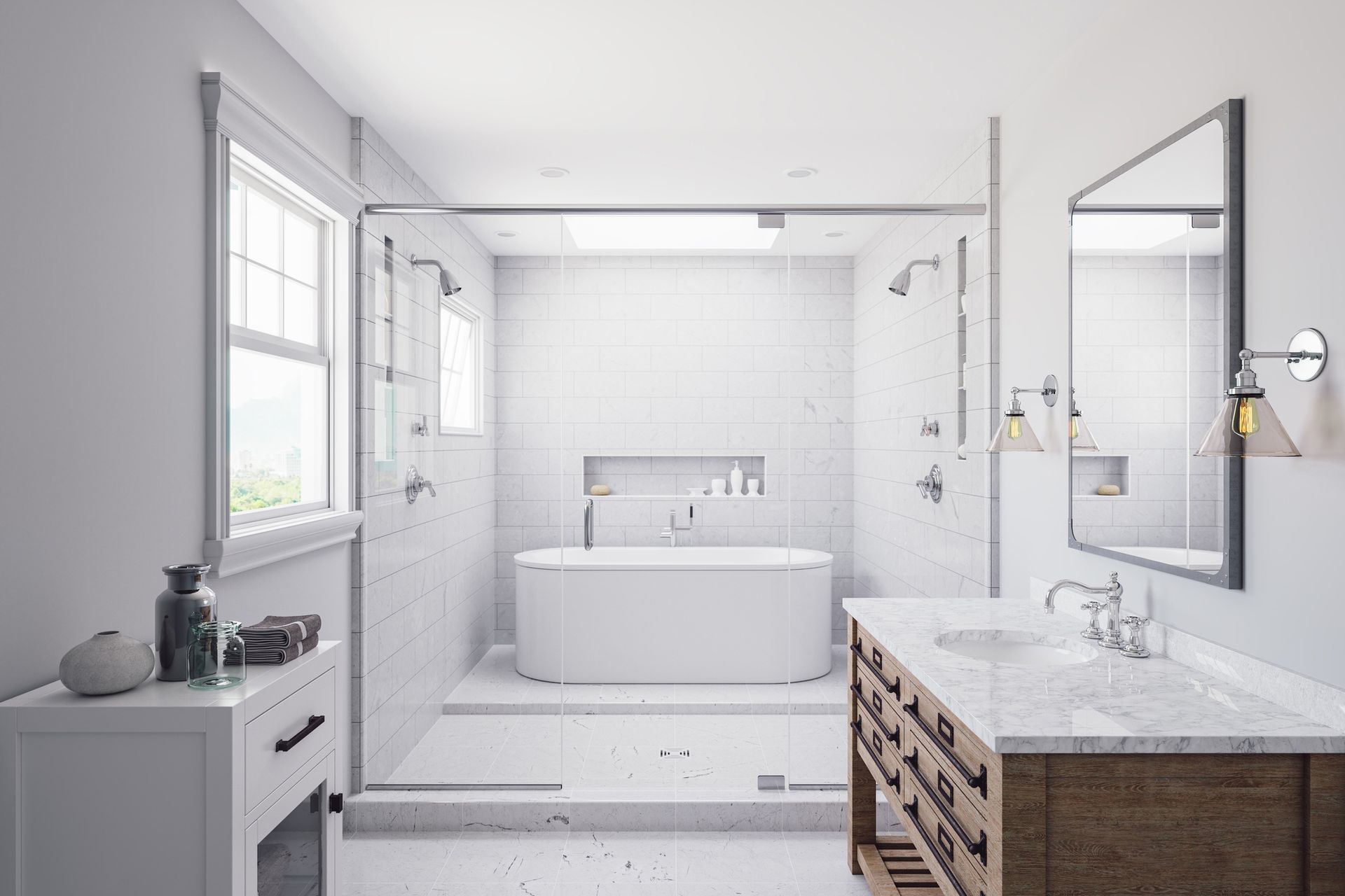 Modern, white bathroom with a freestanding tub, walk-in shower, and a vanity with a wooden cabinet.