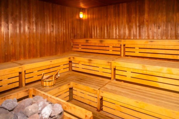 Wooden sauna interior with multiple tiered benches.