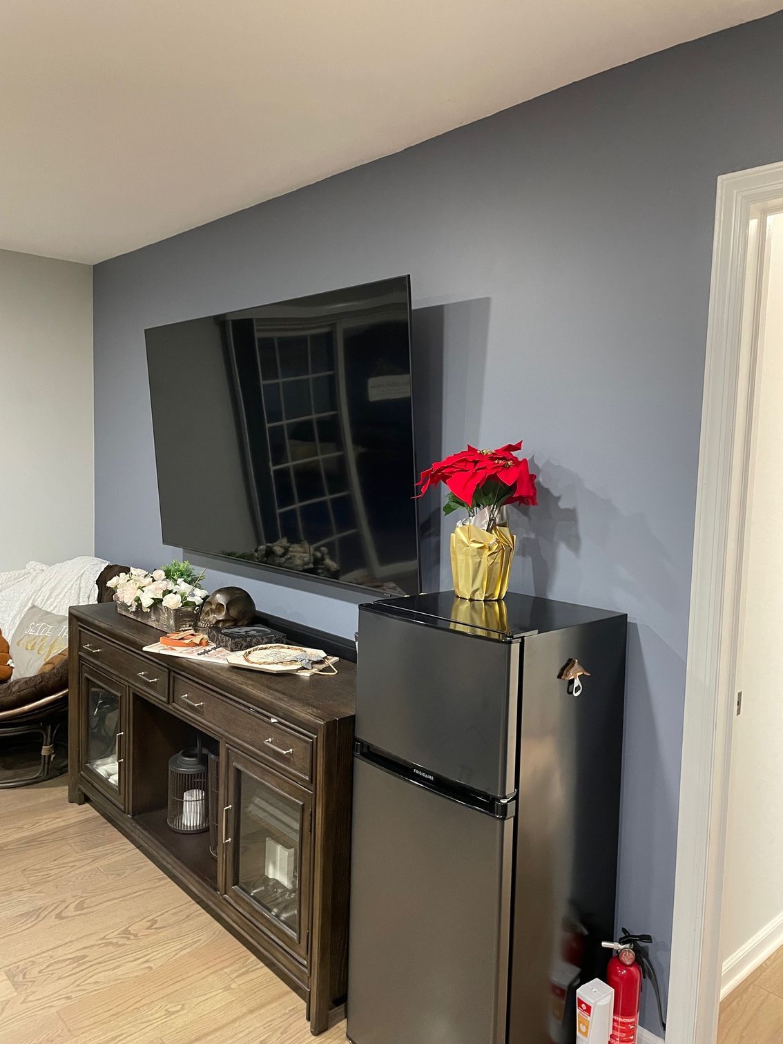 TV mounted above a wooden cabinet, next to a black mini-fridge. A poinsettia sits atop the fridge.