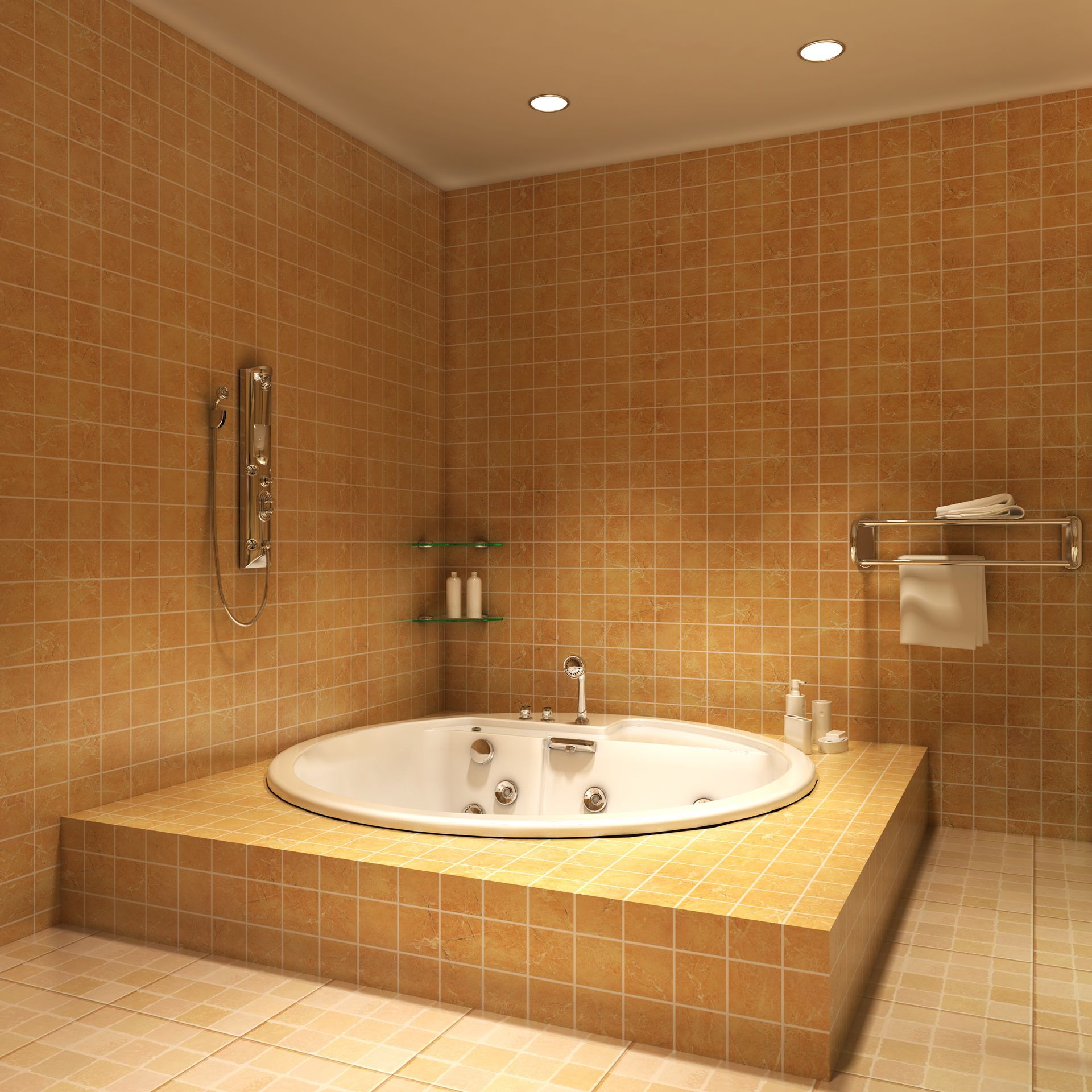 Bathroom with round jacuzzi, gold-tiled walls, shower, and towel rack.