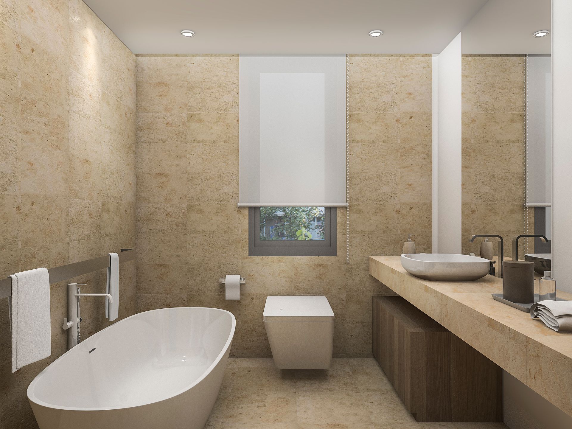 Modern bathroom with soaking tub, toilet, and vanity, all with light stone finishes.