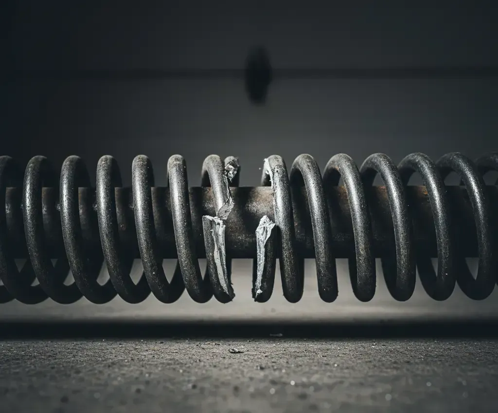 Close-up of a broken metal spring, coiled around a rod, with a dark, blurred background.