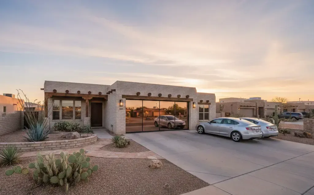 Adobe-style home with cars parked in driveway, desert landscape, sunset sky.