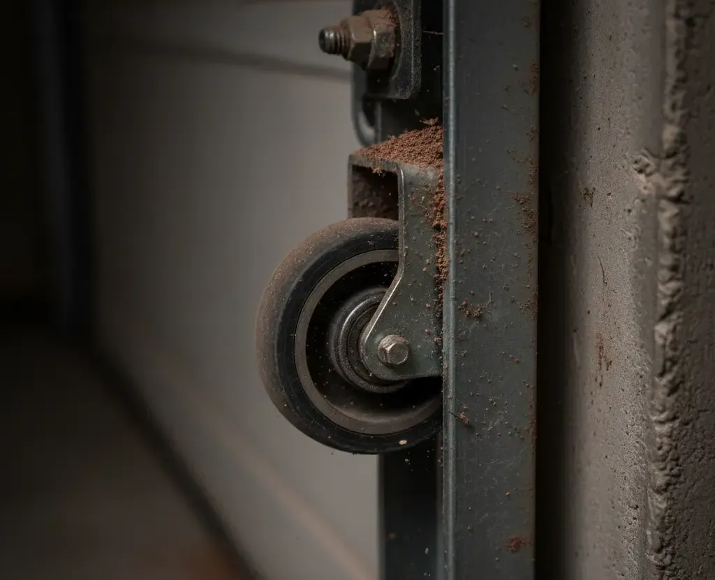 Black wheel on a metal bracket, dusty, against a grey metal frame, near a concrete wall.