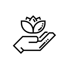 A hand is holding a flower with leaves on it.