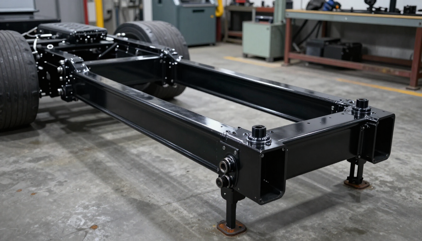 Black truck chassis frame on jack stands in a workshop, with rear axle and wheels attached