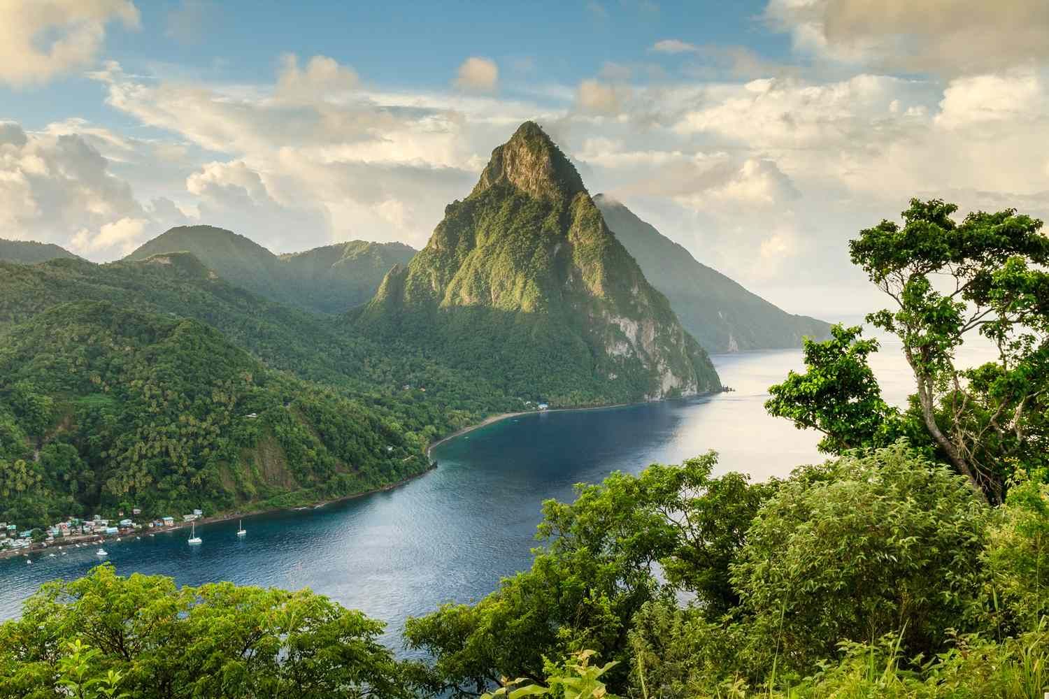 An aerial view of a small island in the middle of a body of water surrounded by trees.