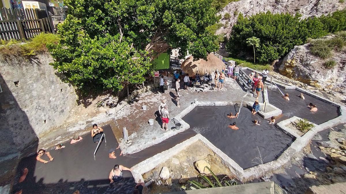 An aerial view of a group of people swimming in a pool.