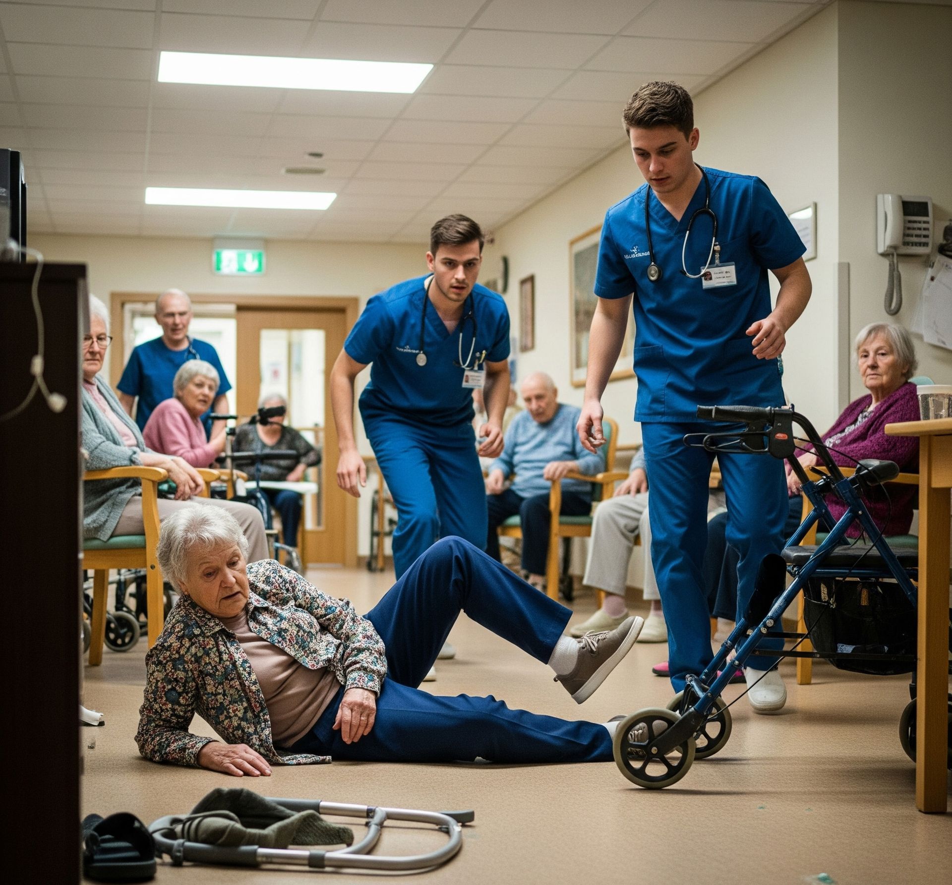 Photo showing a nursing home resident assisted by a caregiver after a fall, highlighting the risks o