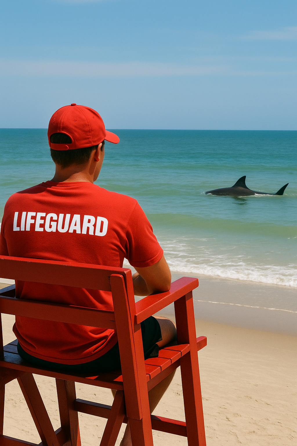 Lifeguard on Florida beach watches ocean as shark fin appears, signaling hidden dangers and risks