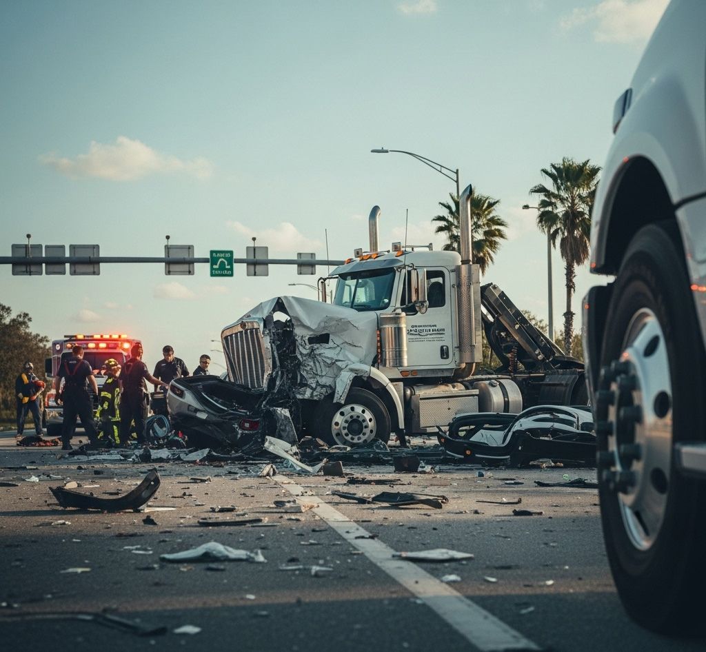 Image of a commercial truck involved in an accident on a Florida highway, showing damaged vehicles a