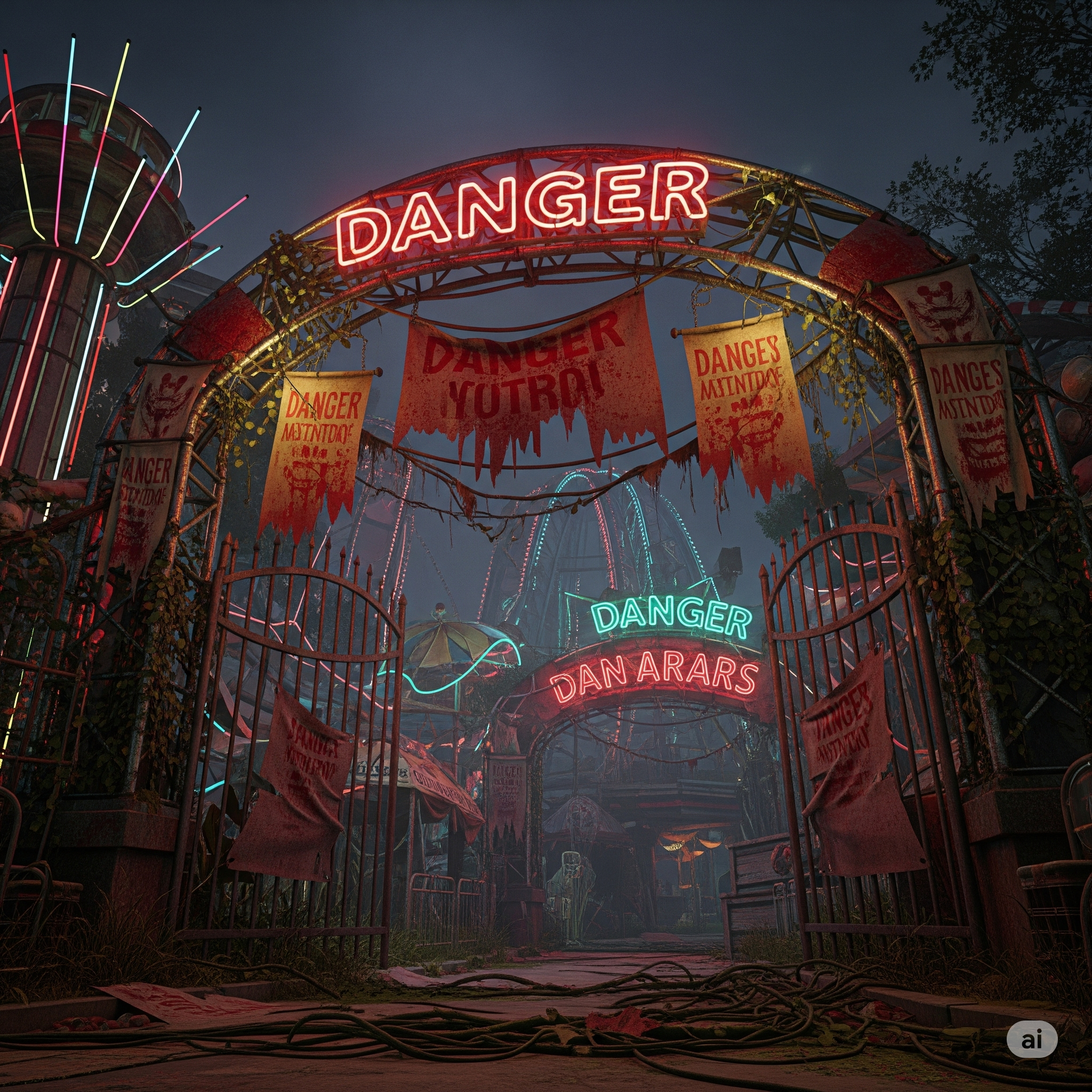 Entrance to a dangerous theme park in Central Florida with broken signage, poor lighting, and unsafe