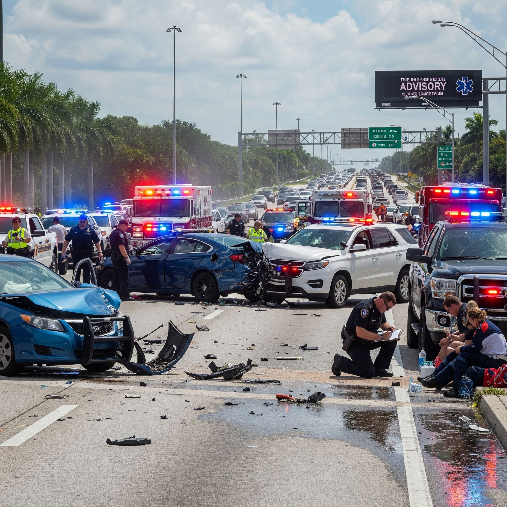 Florida car accident with police vehicle at scene, highlighting PIP insurance and setoff issues.