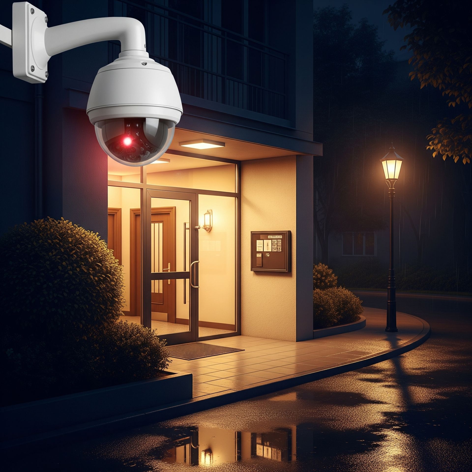 Security camera on a Florida apartment building monitoring parking area