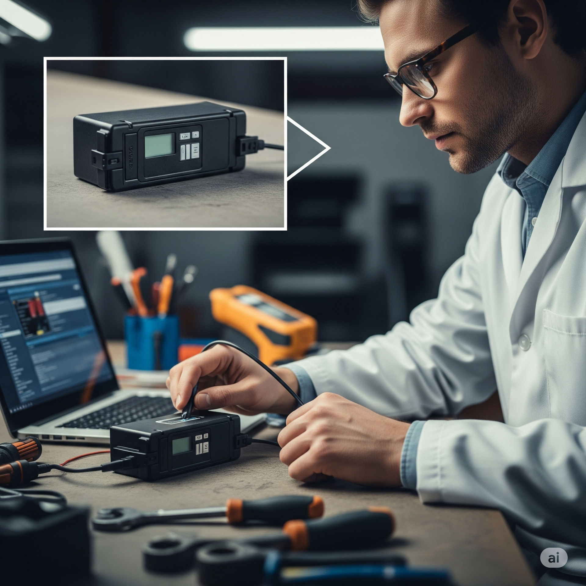 Technician retrieving vehicle black box data after a car accident