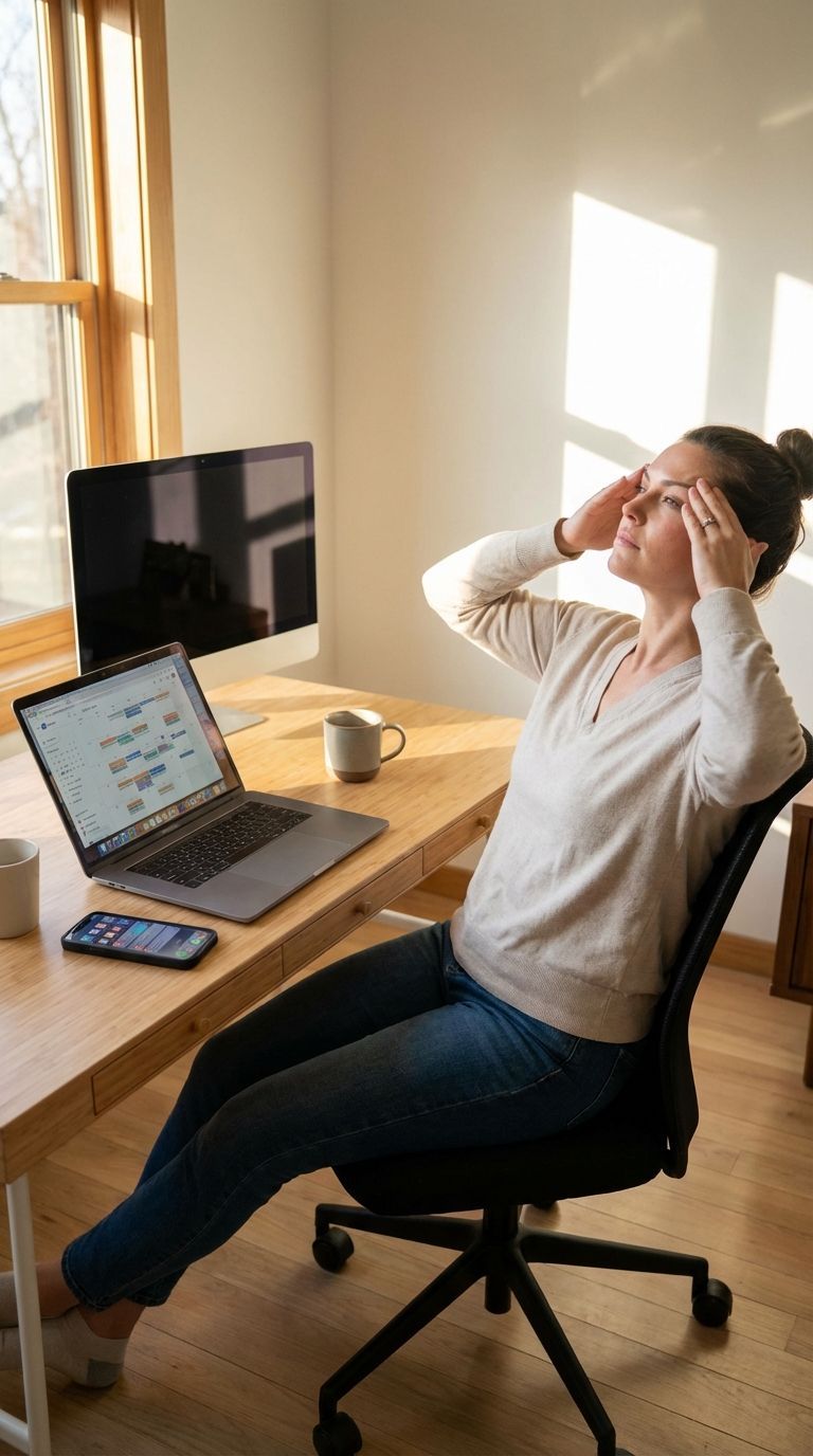 Woman at desk, hands on temples, eyes closed, appearing stressed. Laptop, monitor, coffee, and window visible.