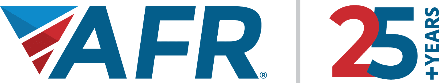 A blue and red logo for afr 25 years