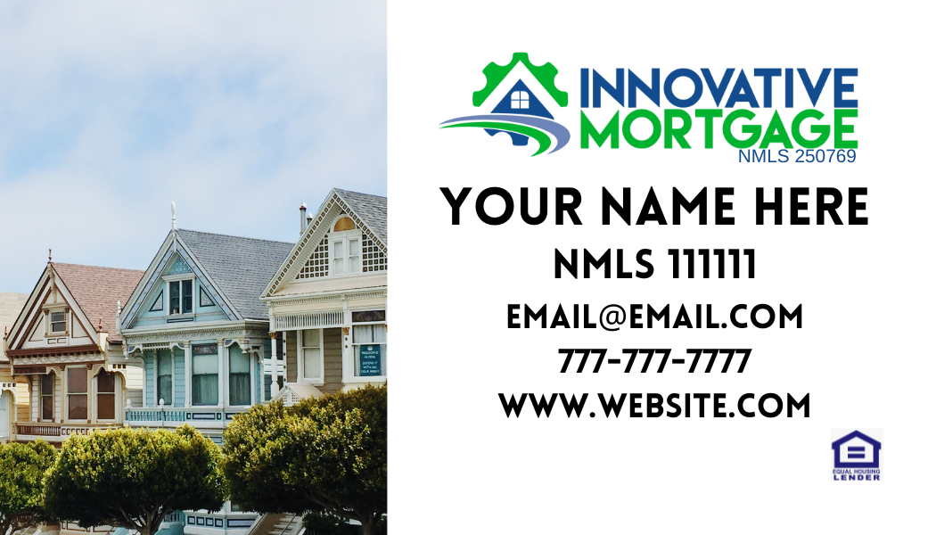 A business card for innovative mortgage with a picture of houses