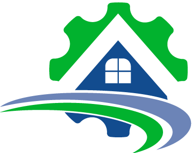 A blue and green logo with a house and a gear.