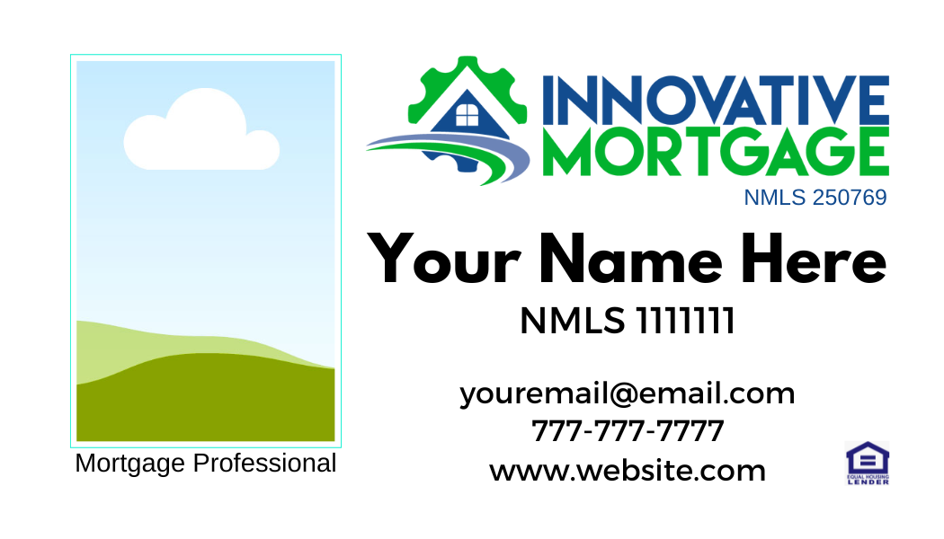 A business card for innovative mortgage with a picture of a hill and a cloud.