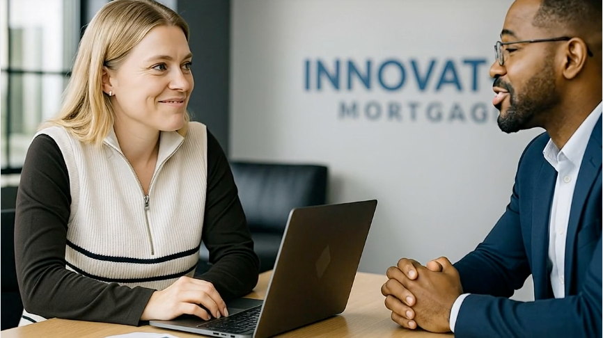 Woman and man at table with laptop, discussing paperwork, Innovate Mortgage sign in background.