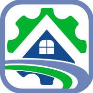 A blue and green logo with a house and a gear.