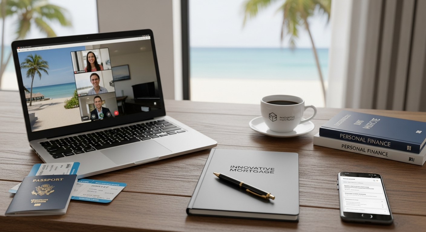 Laptop with a video call on a beachside desk beside a notebook, coffee cup, phone, and books