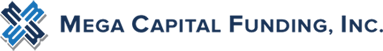 The logo for mega capital funding inc. is blue and white