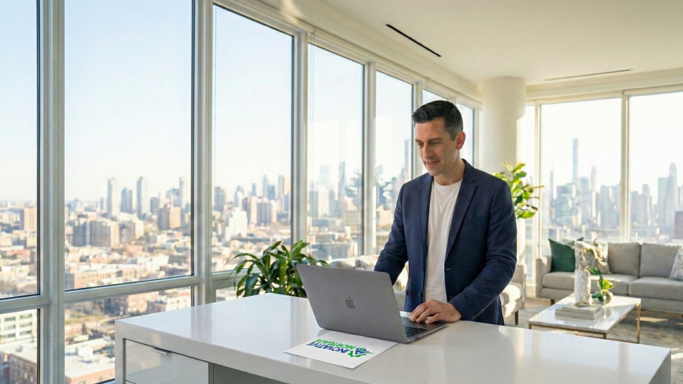 Man in blazer works on laptop at counter with city view.