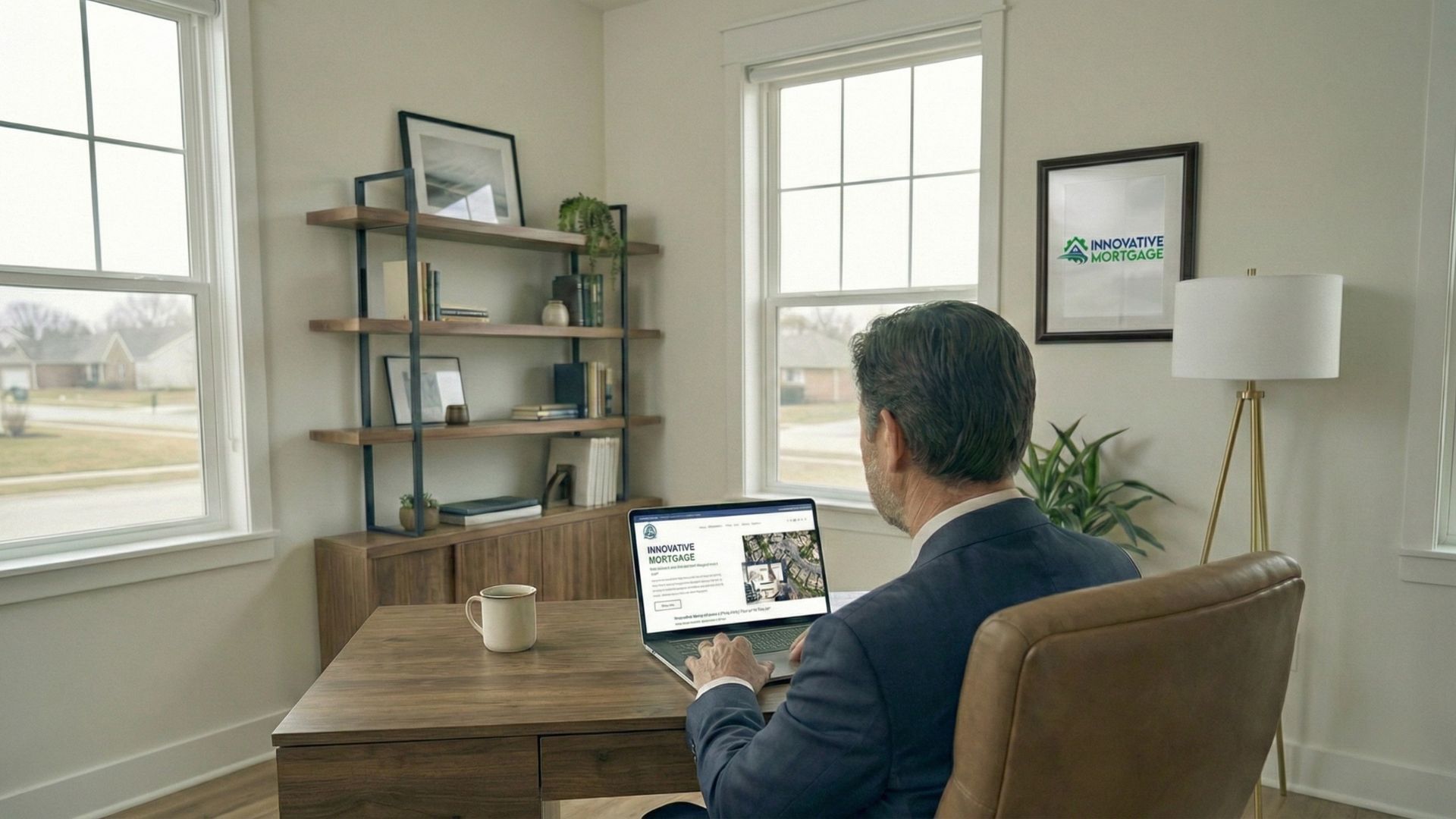 Man in suit at desk using laptop in home office.