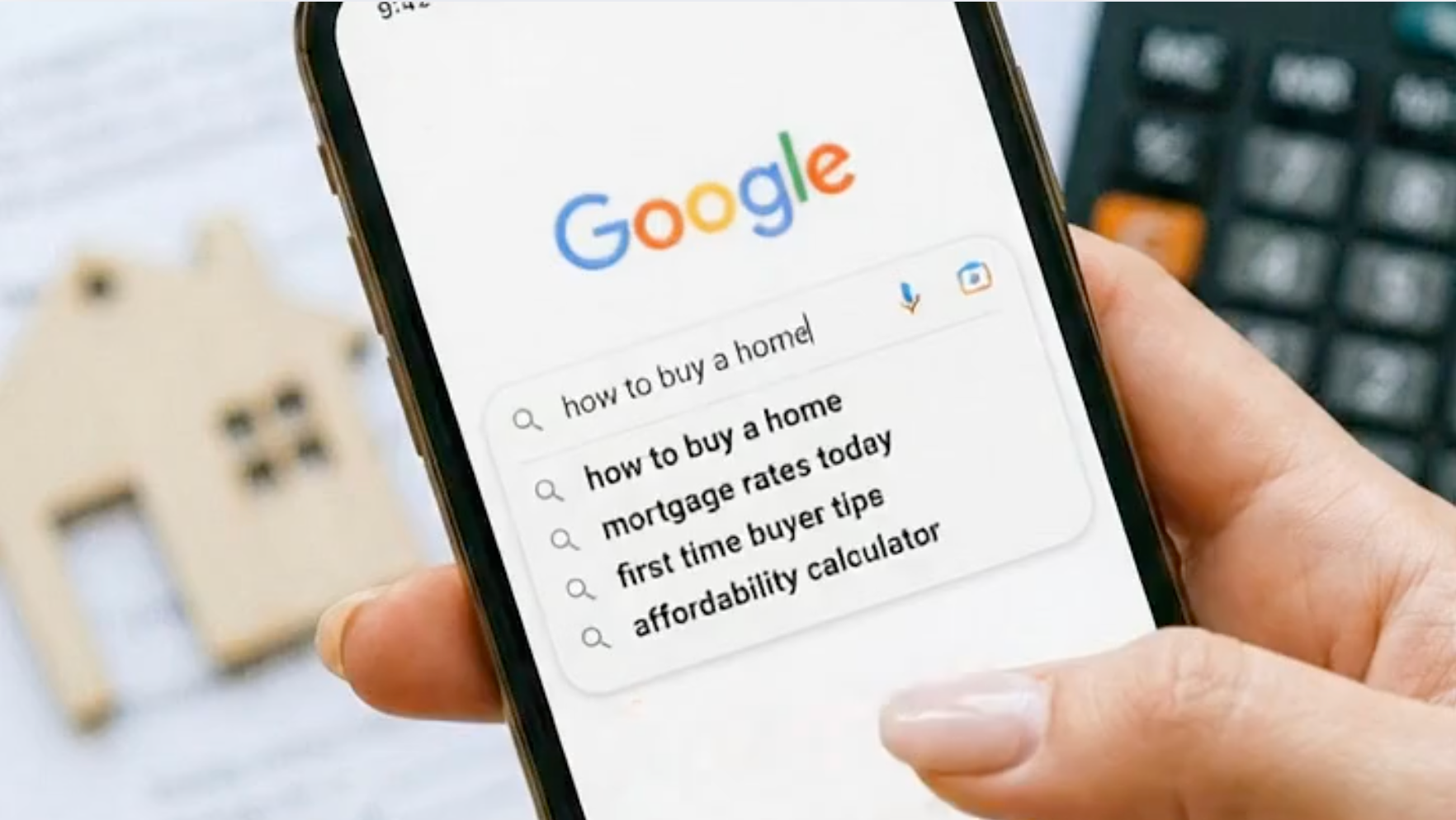 A phone displays a Google search for 