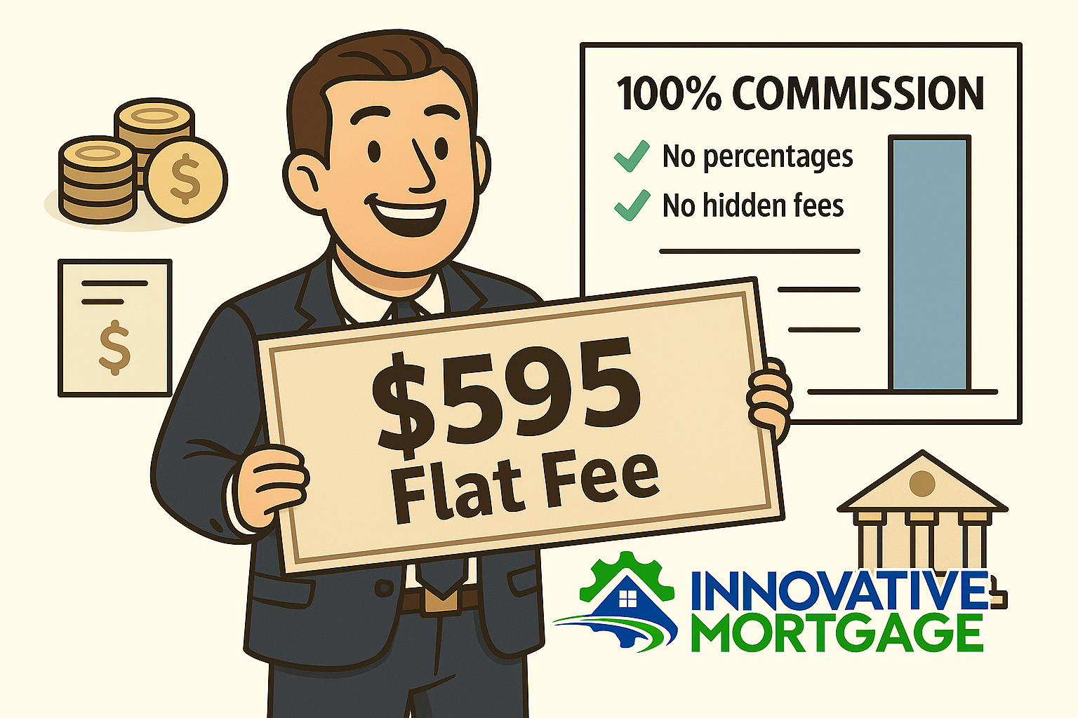 A man is holding a sign that says 5.95 flat fee
