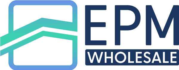 A logo for epm wholesale with a blue and green arrow.