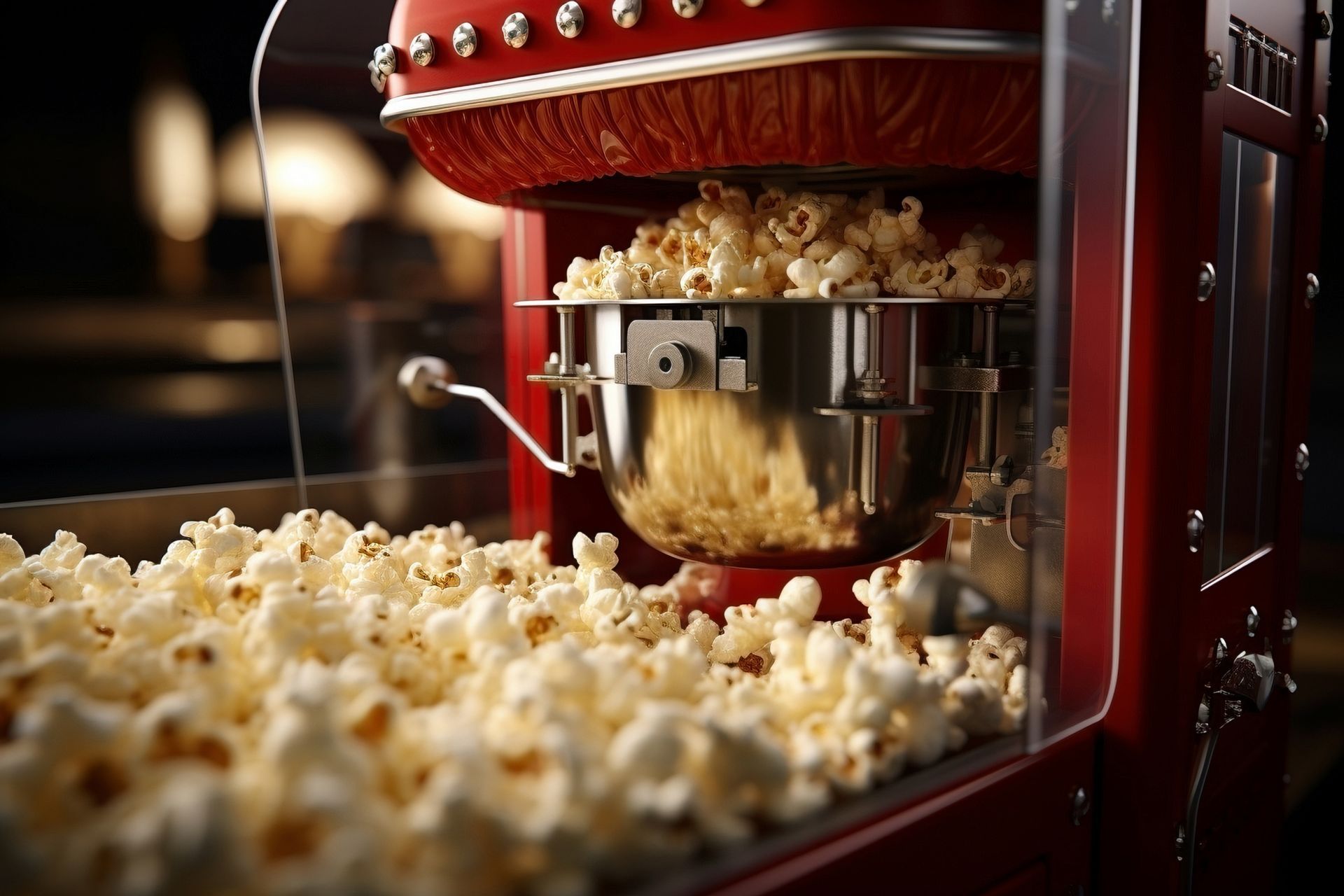 A red popcorn machine is filled with popcorn.