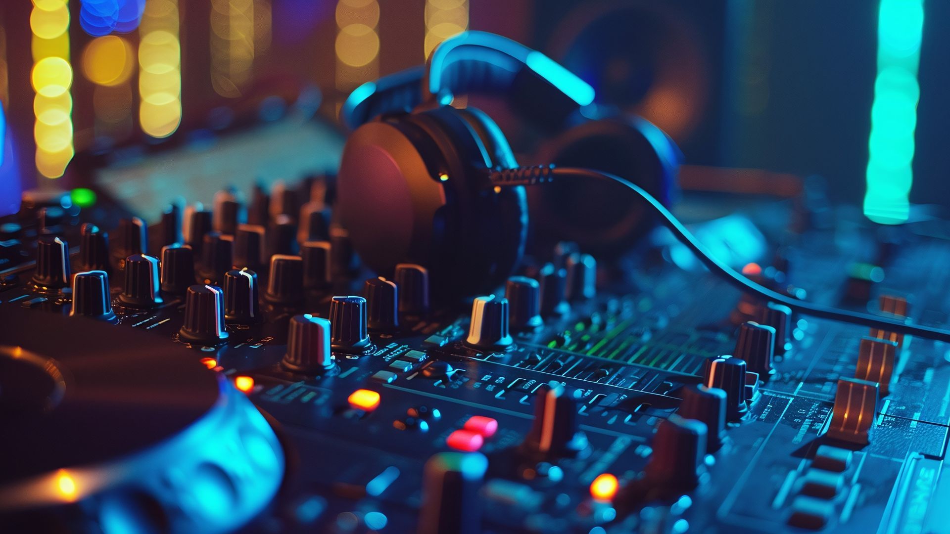 A close up of a dj 's mixer with headphones on it.