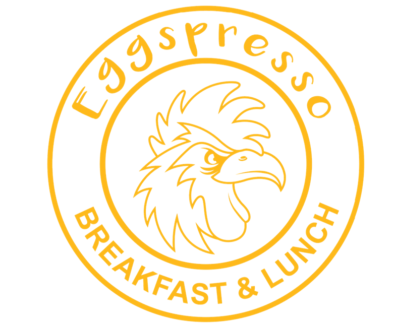 A logo for eggspresso breakfast and lunch