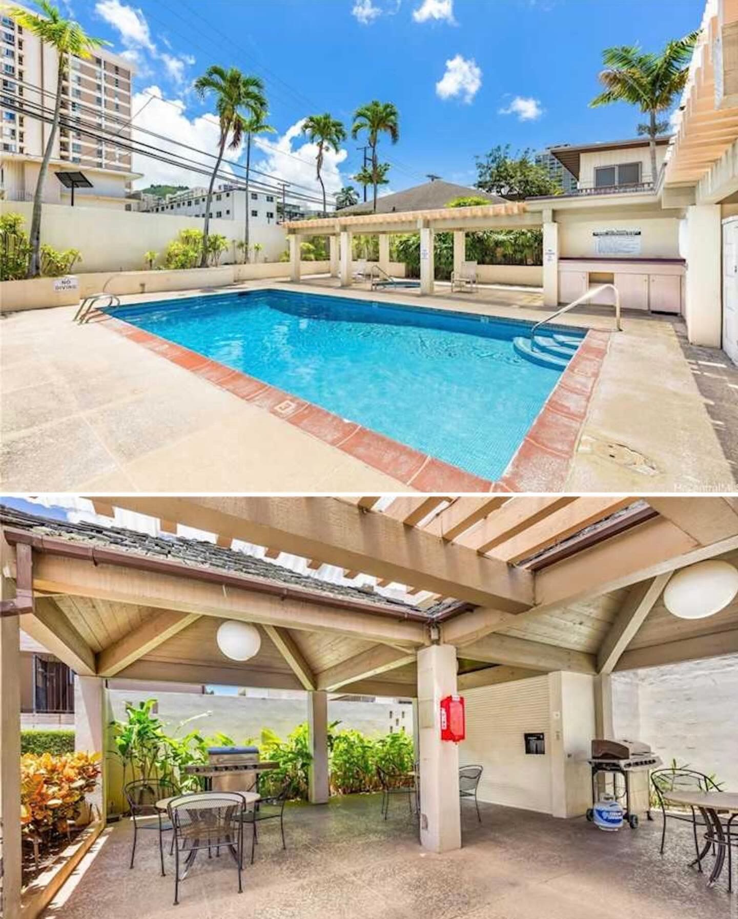 A large swimming pool is surrounded by tables and chairs under a pergola