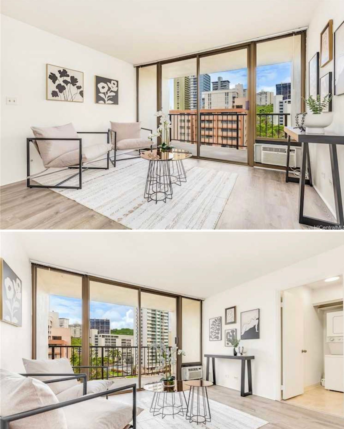 A living room with a couch and chairs and a balcony.