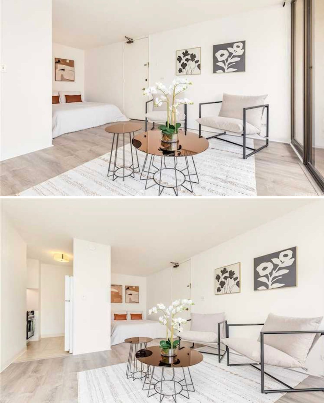 Two pictures of a living room with tables and chairs